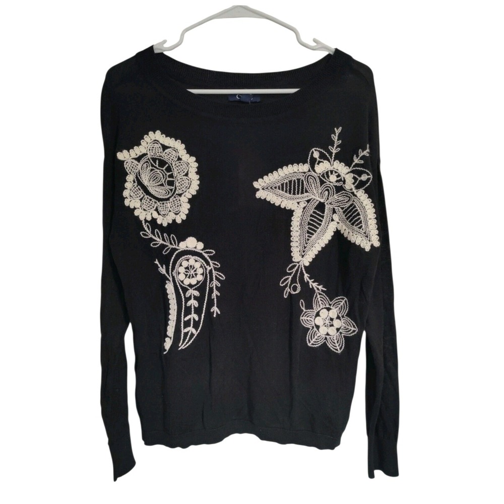 Chaps Black 'Valley Inn' Ivory Embroidery Soft Cotton/Modal Sweater M NWT